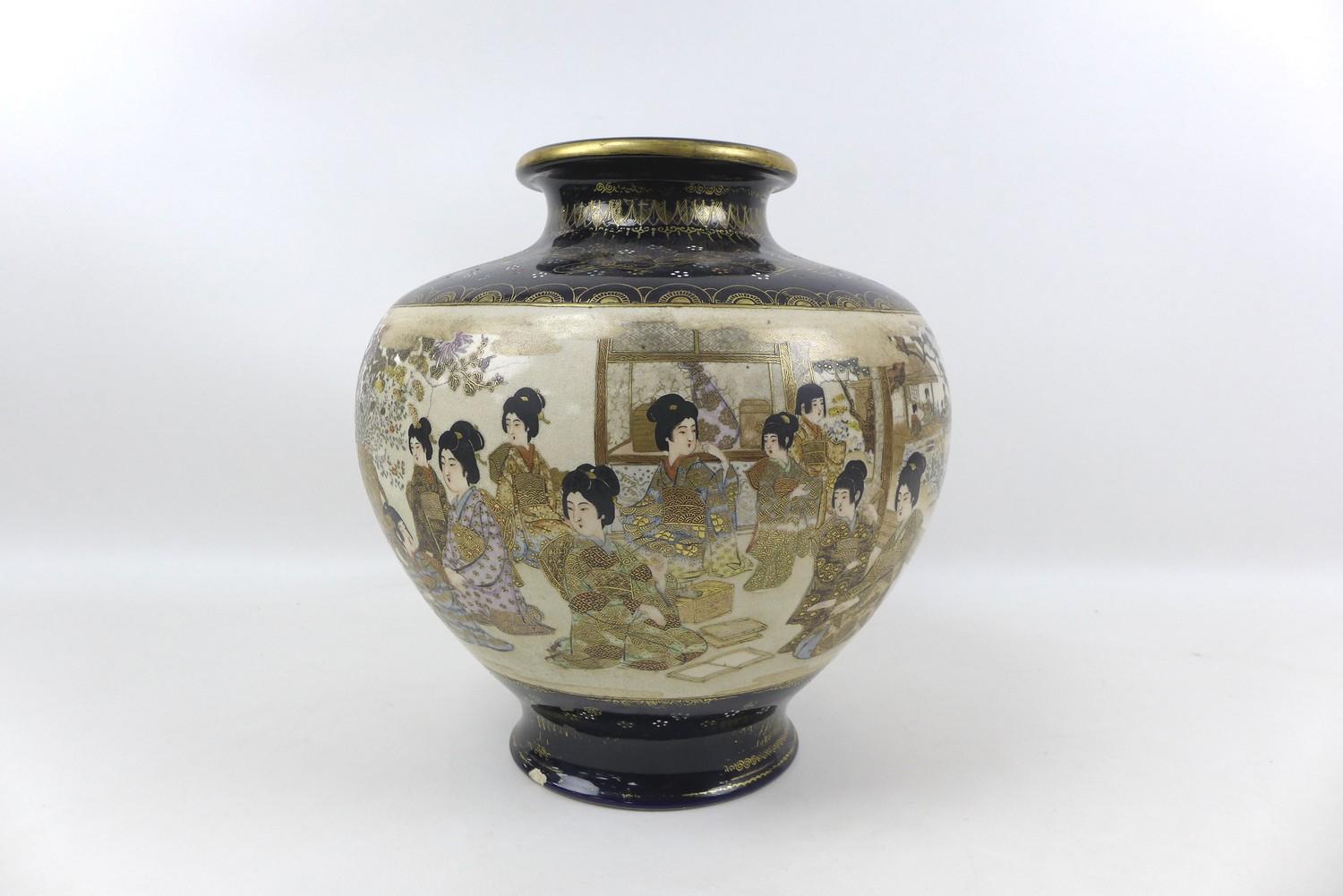 A Japanese Satsuma vase, Meiji period, with possible baluster form decorated with a single panoramic