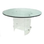 A modern design table, with circular surface and perspex base, 122 by 122 by 73.5cm high.