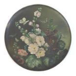 A large Watcombe Torquay ware terracotta plate, hand painted with hibiscus flowers and insects,