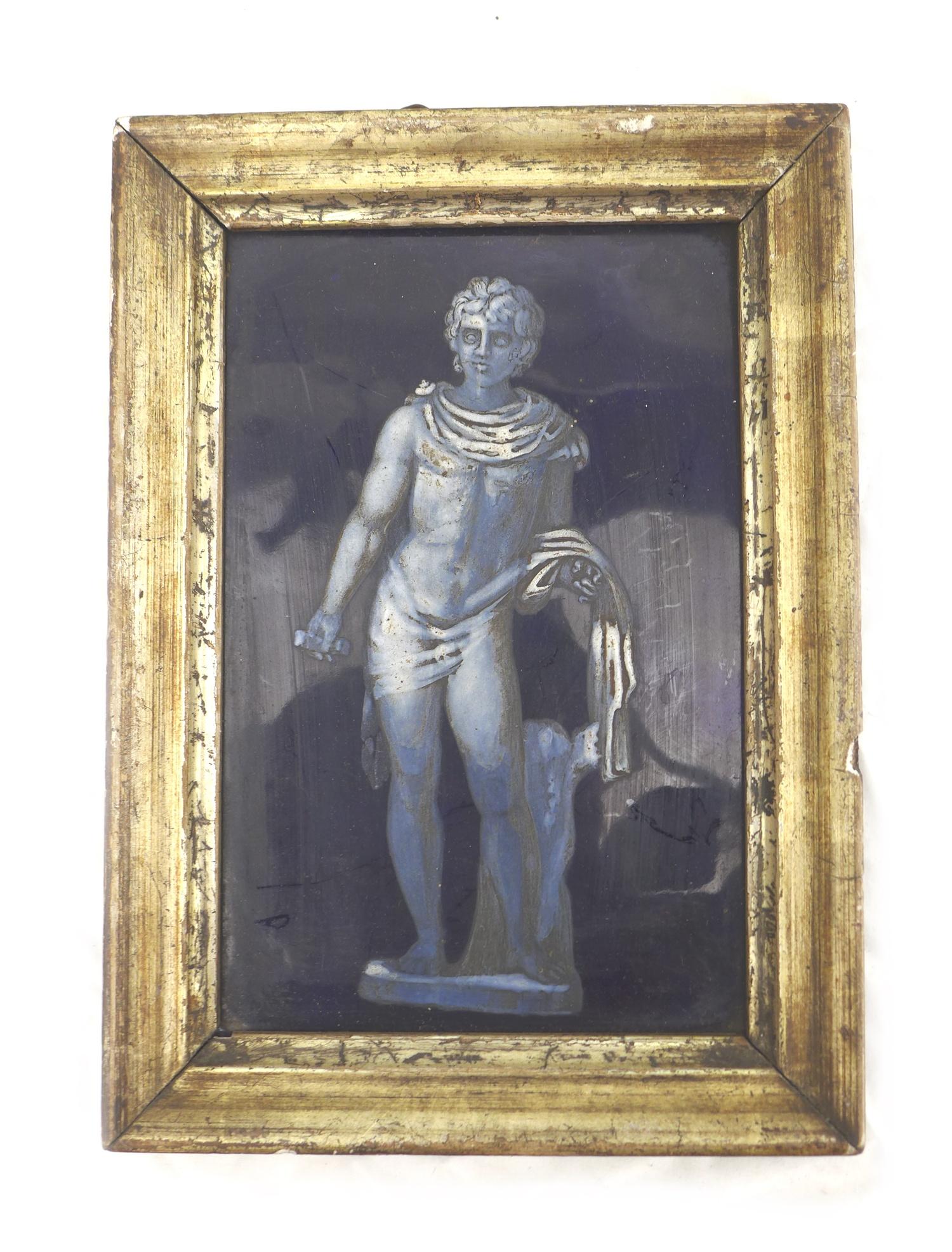 A 19th century hand painted picture tile, depicting a Classical Roman male nude, against a dark blue