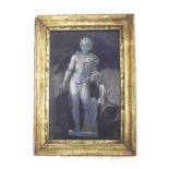 A 19th century hand painted picture tile, depicting a Classical Roman male nude, against a dark blue