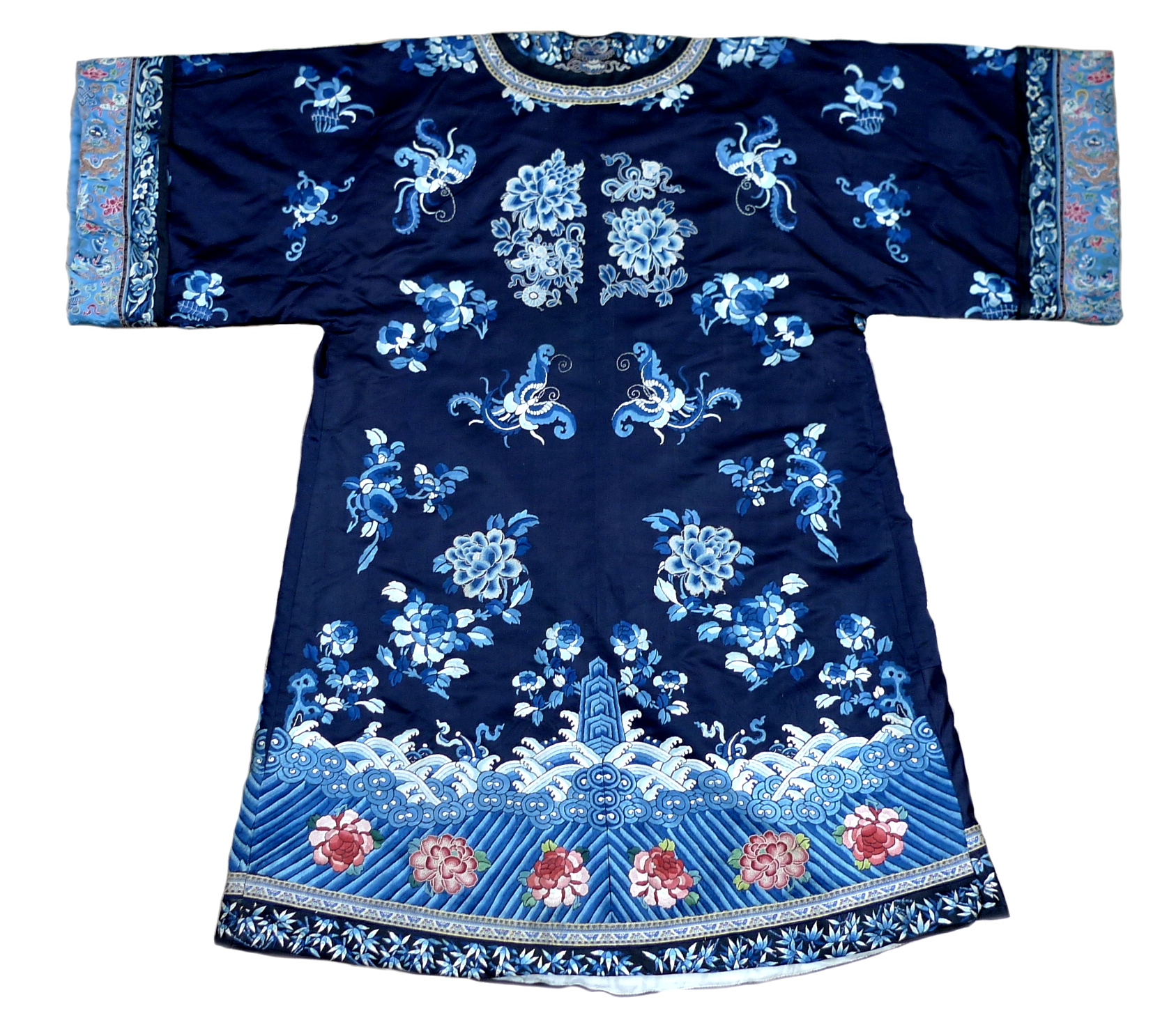 An early 20th century silk Chinese robe, with navy blue ground and intricately embroidered with - Image 2 of 34