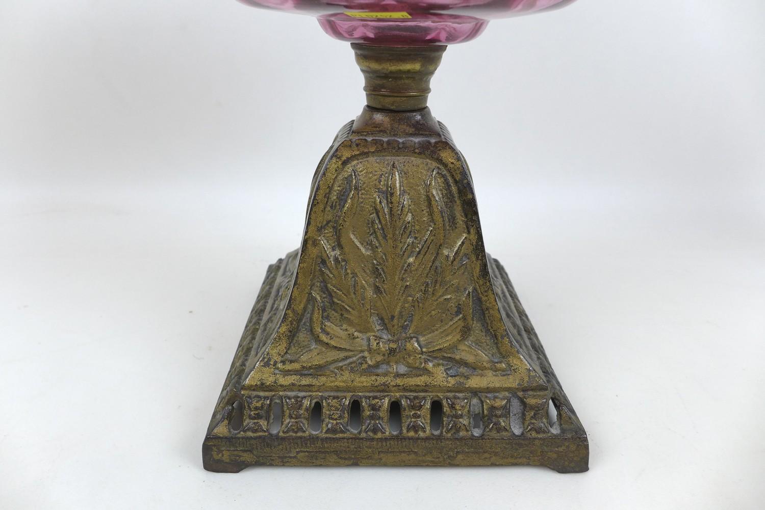 A Victorian paraffin lamp, with cranberry glass reservoir, etched clear glass shade and chimney, - Image 5 of 12