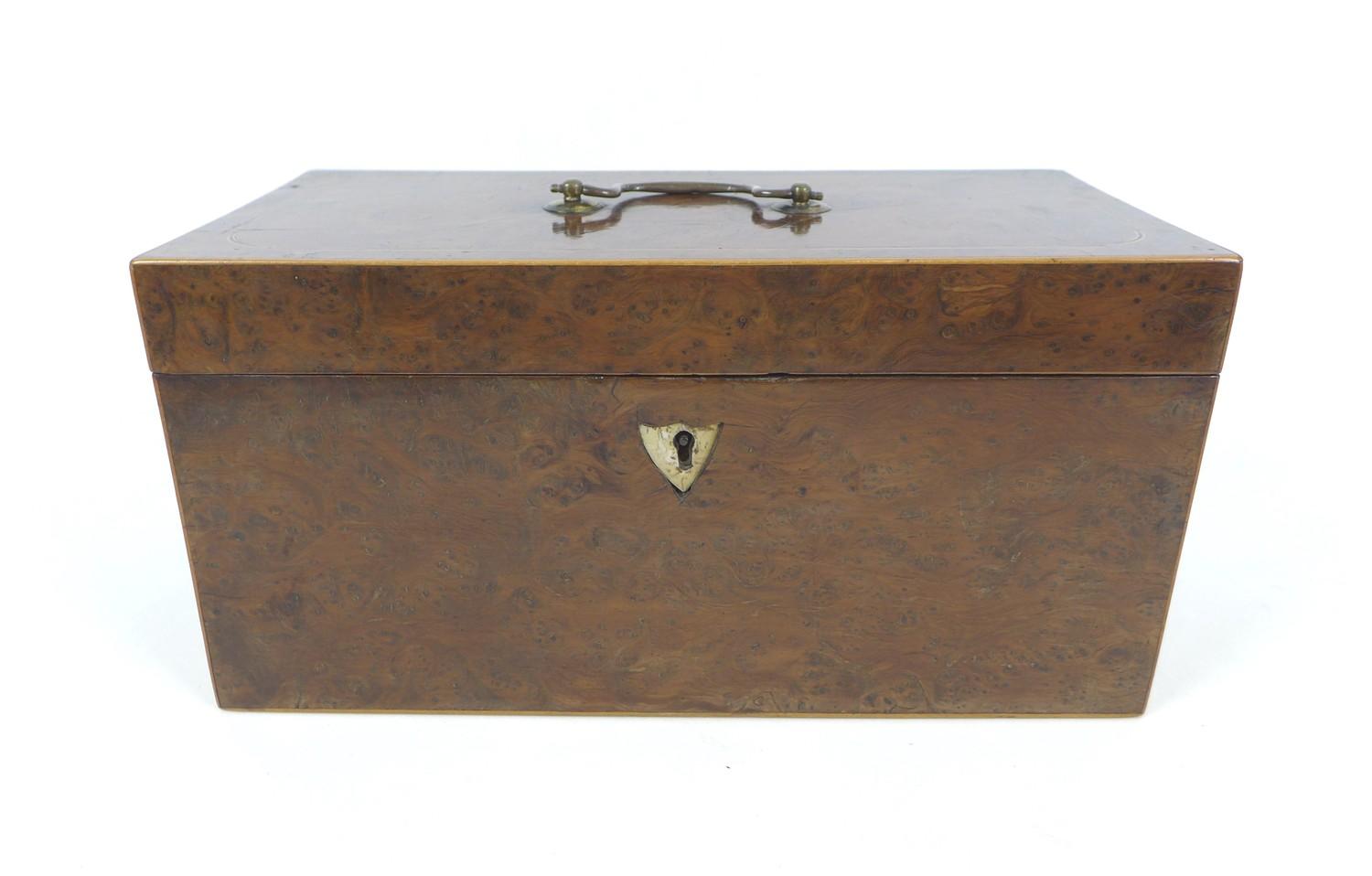 A 19th century burr walnut tea caddy, with boxwood inlays, its interior with attached note '..from - Image 2 of 10