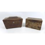 Two 19th century tea caddies, one mahogany sarcophagus shaped with inlaid decoration, the other burr