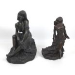 Two modern bronzed figurines of ladies, one modelled as a lady dressed in a ball gown, unsigned,