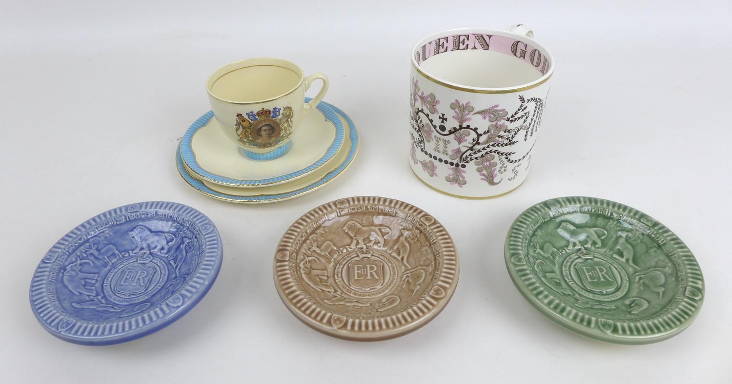 A Clarice Cliff ERII coronation trio, with cup saucer and tea plate, together with other ERII