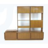 A G-Plan teak wall display shelving system, circa 1970, comprising two high level cupboard units,