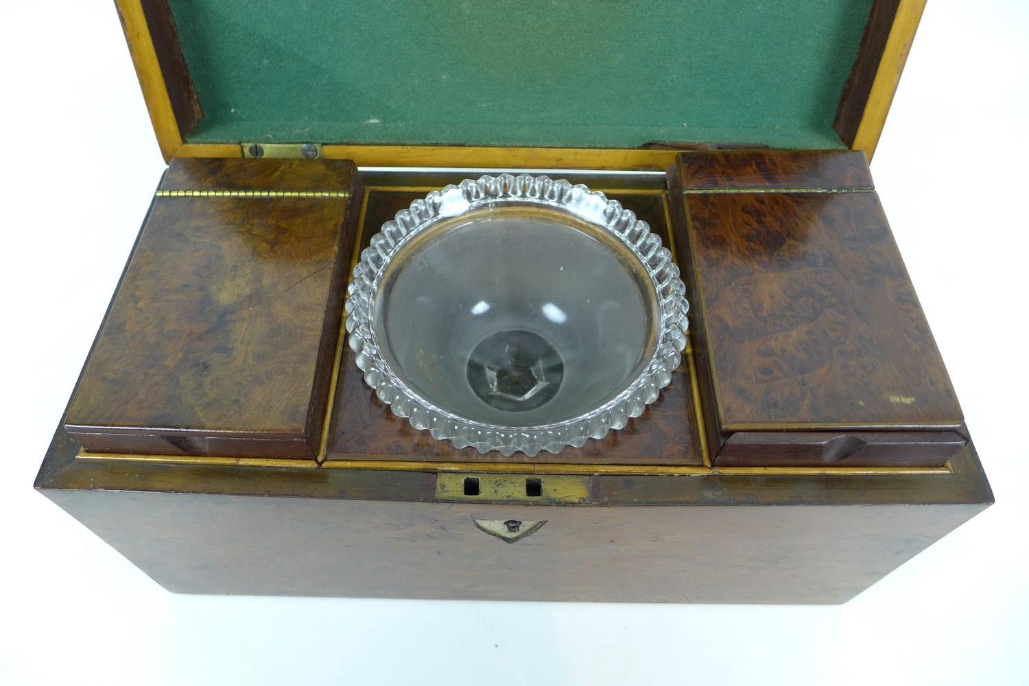 A 19th century burr walnut tea caddy, with boxwood inlays, its interior with attached note '..from - Image 5 of 10