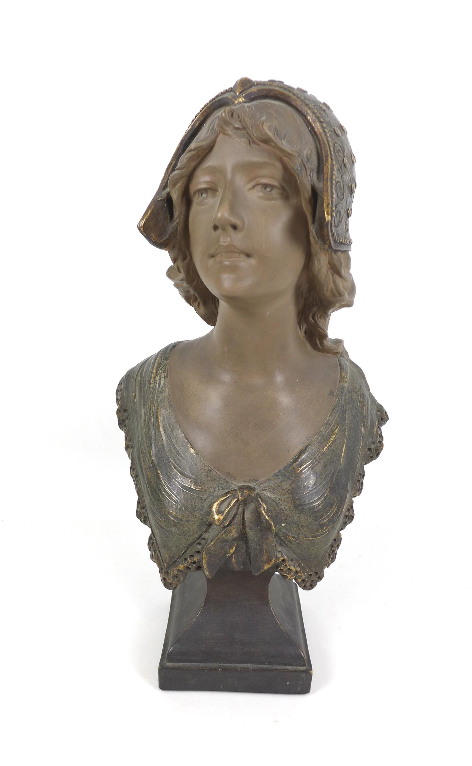 Gustave Van Vaerenbergh (Belgium, 1873-1927): a plaster cast bust of young lady in Flemish attire,
