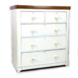 A Victorian shabby chic white painted chest of drawers, with natural finish mahogany top, two over