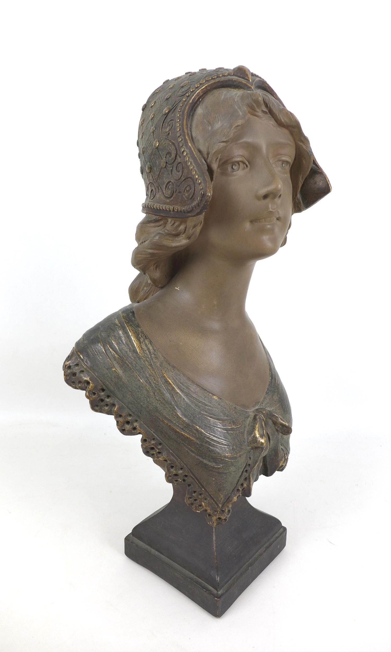 Gustave Van Vaerenbergh (Belgium, 1873-1927): a plaster cast bust of young lady in Flemish attire, - Image 2 of 5