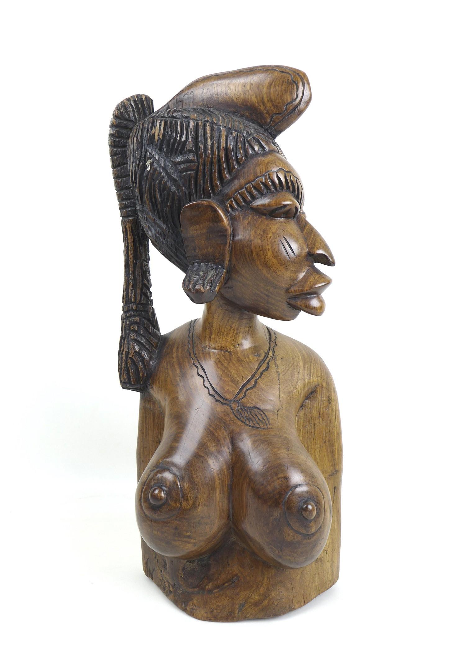 Two modern African carvings, one carved as a mask with headdress, the other as a half length bust of - Image 5 of 10