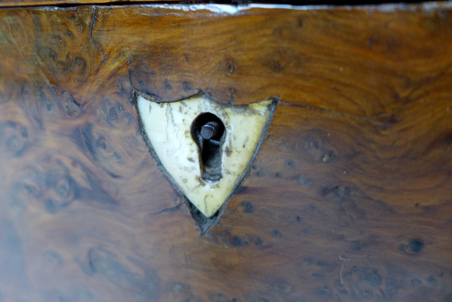 A 19th century burr walnut tea caddy, with boxwood inlays, its interior with attached note '..from - Image 8 of 10