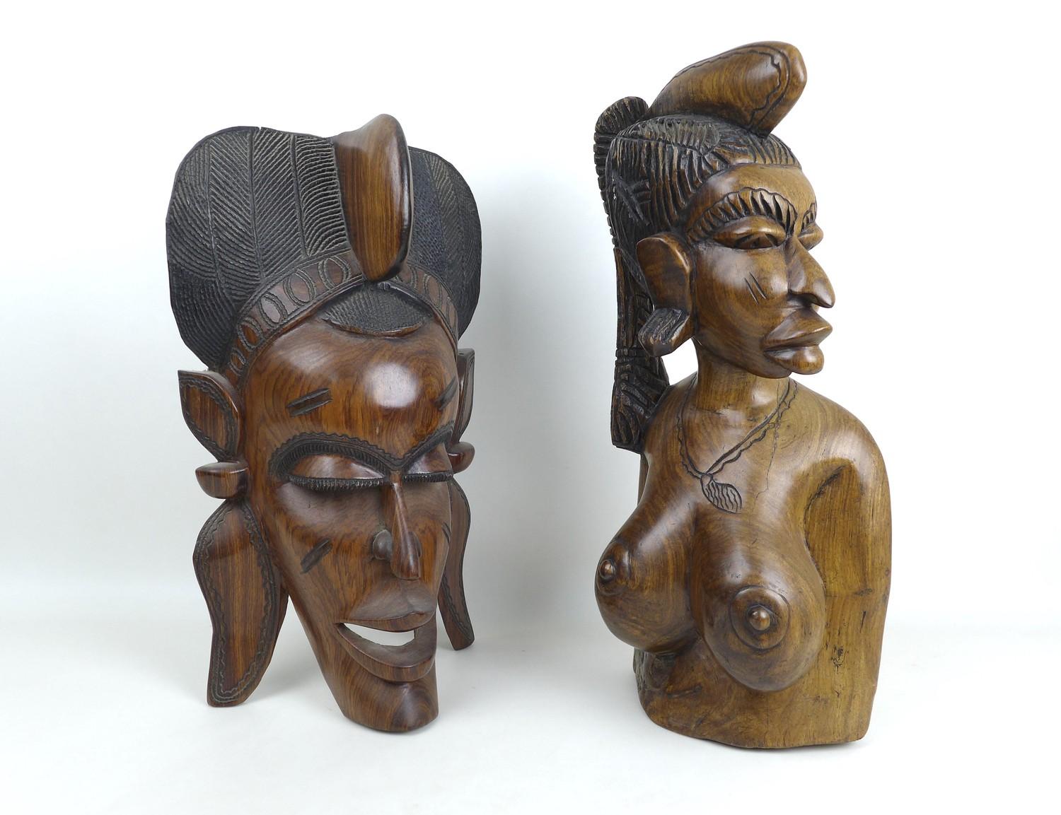 Two modern African carvings, one carved as a mask with headdress, the other as a half length bust of