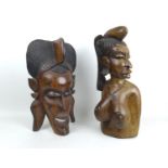 Two modern African carvings, one carved as a mask with headdress, the other as a half length bust of