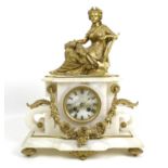 A late 19th century French alabaster and gilt metal figural mantel clock, adorned with female figure