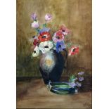 English School (early 20th century): still life, flowers in a vase and bowl below, initialled 'N.B.