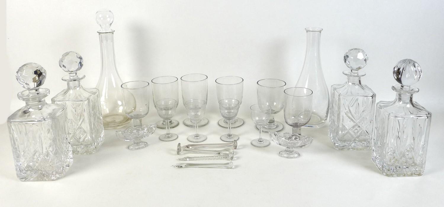 A collection of glassware, comprising six rummers, each approximately 6 by 13cm high, four liqueur