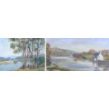 Owen Bond (British, 20th century): river scene, signed lower right, oil on board, 29 by 39cm,