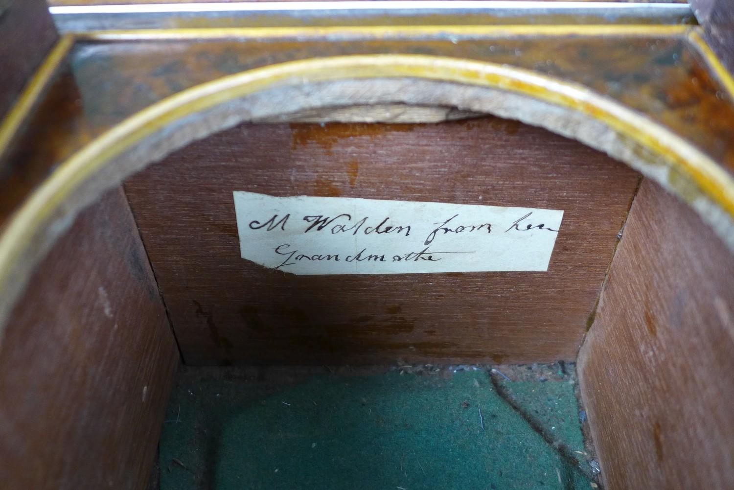 A 19th century burr walnut tea caddy, with boxwood inlays, its interior with attached note '..from - Image 7 of 10