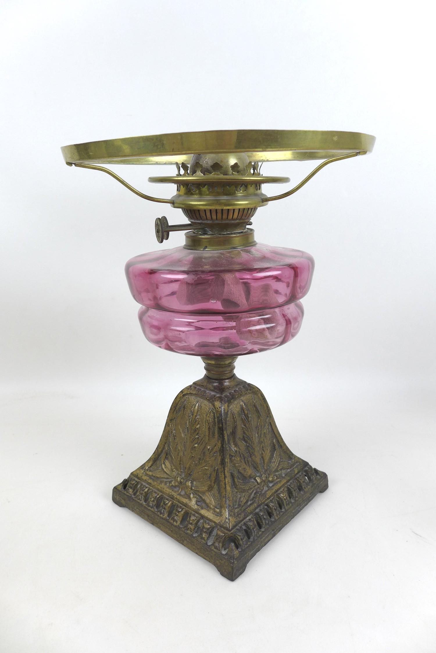 A Victorian paraffin lamp, with cranberry glass reservoir, etched clear glass shade and chimney, - Image 2 of 12