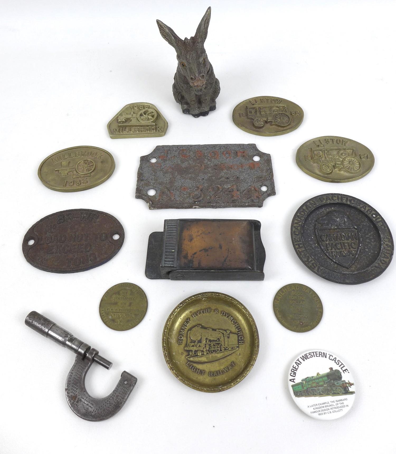 A group of metal railway related items and collectables, including a 'BR-WR Load not to exceed..'