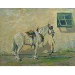 Carlos Sitorla (?) (Spanish School, 20th century): a horse standing by a white painted wall with a