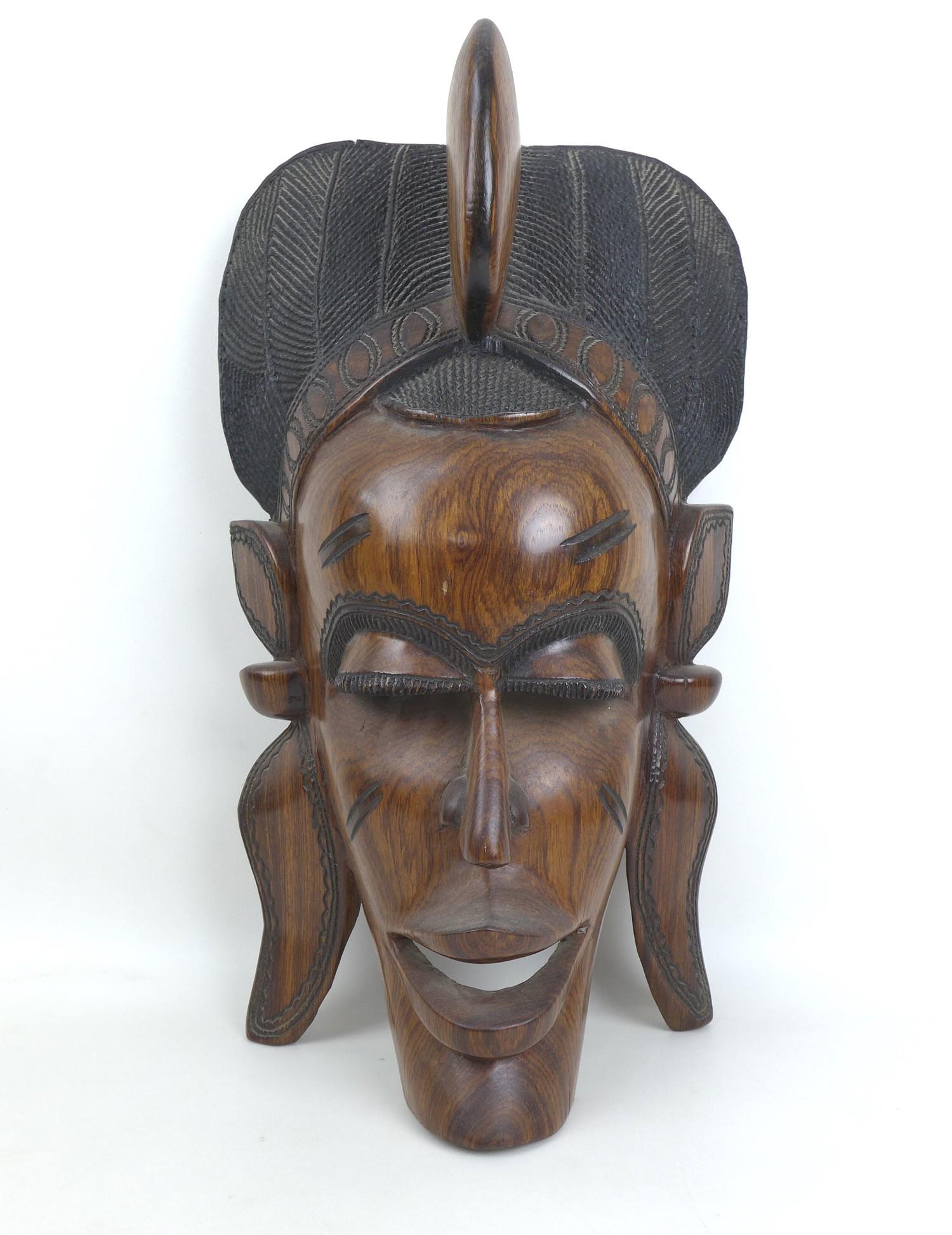 Two modern African carvings, one carved as a mask with headdress, the other as a half length bust of - Image 2 of 10