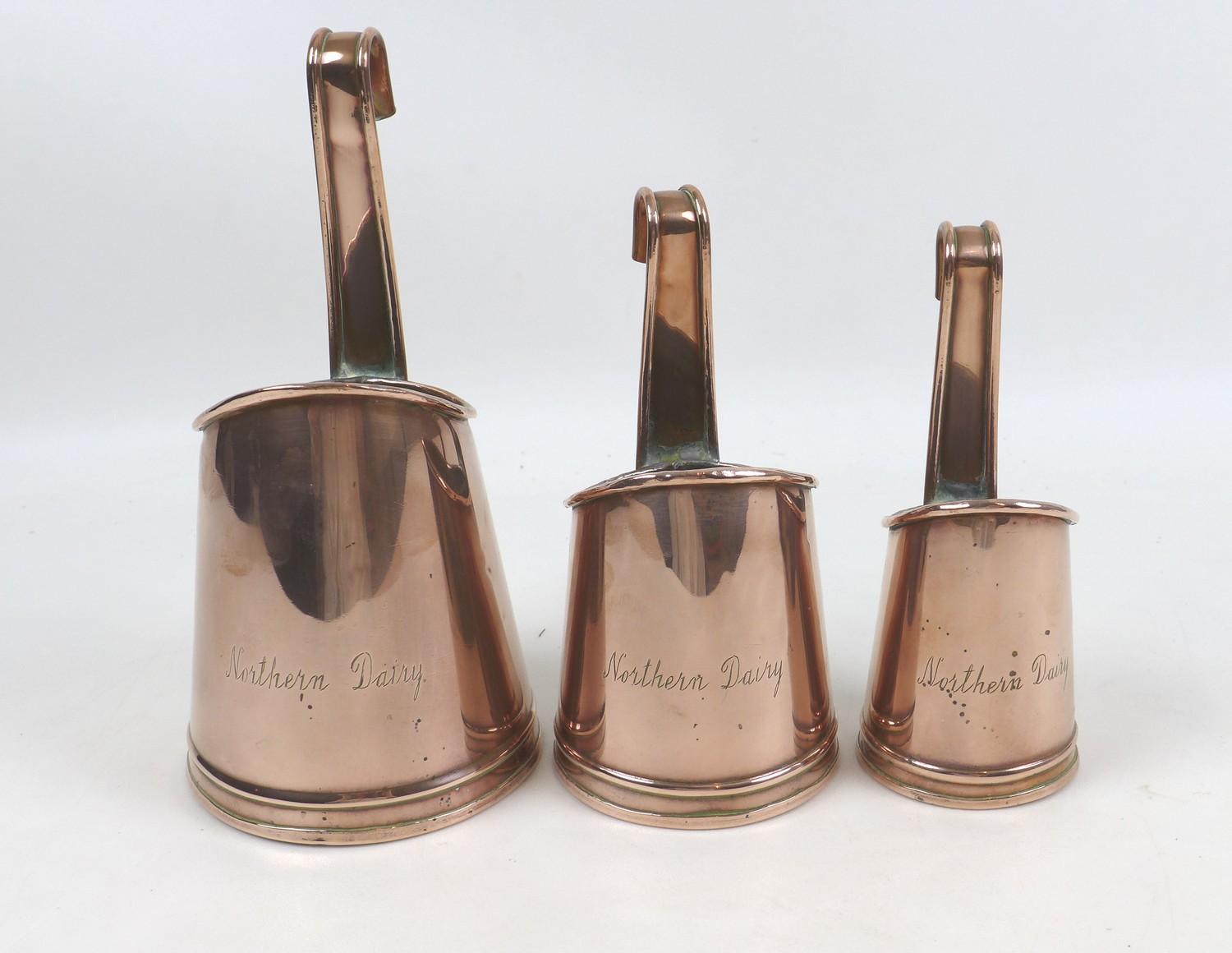 Three copper graduated Northern Dairy milk measures, largest 12cm diameter, 23.5cm high, smallest - Image 6 of 7