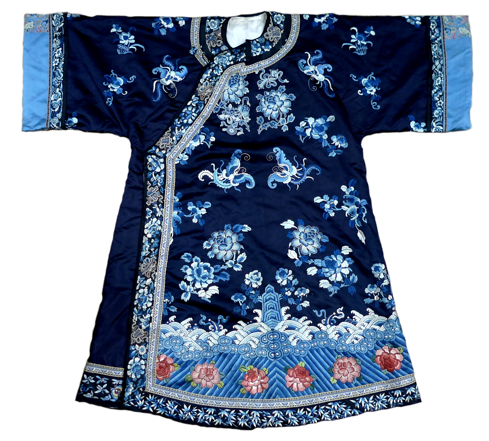 An early 20th century silk Chinese robe, with navy blue ground and intricately embroidered with