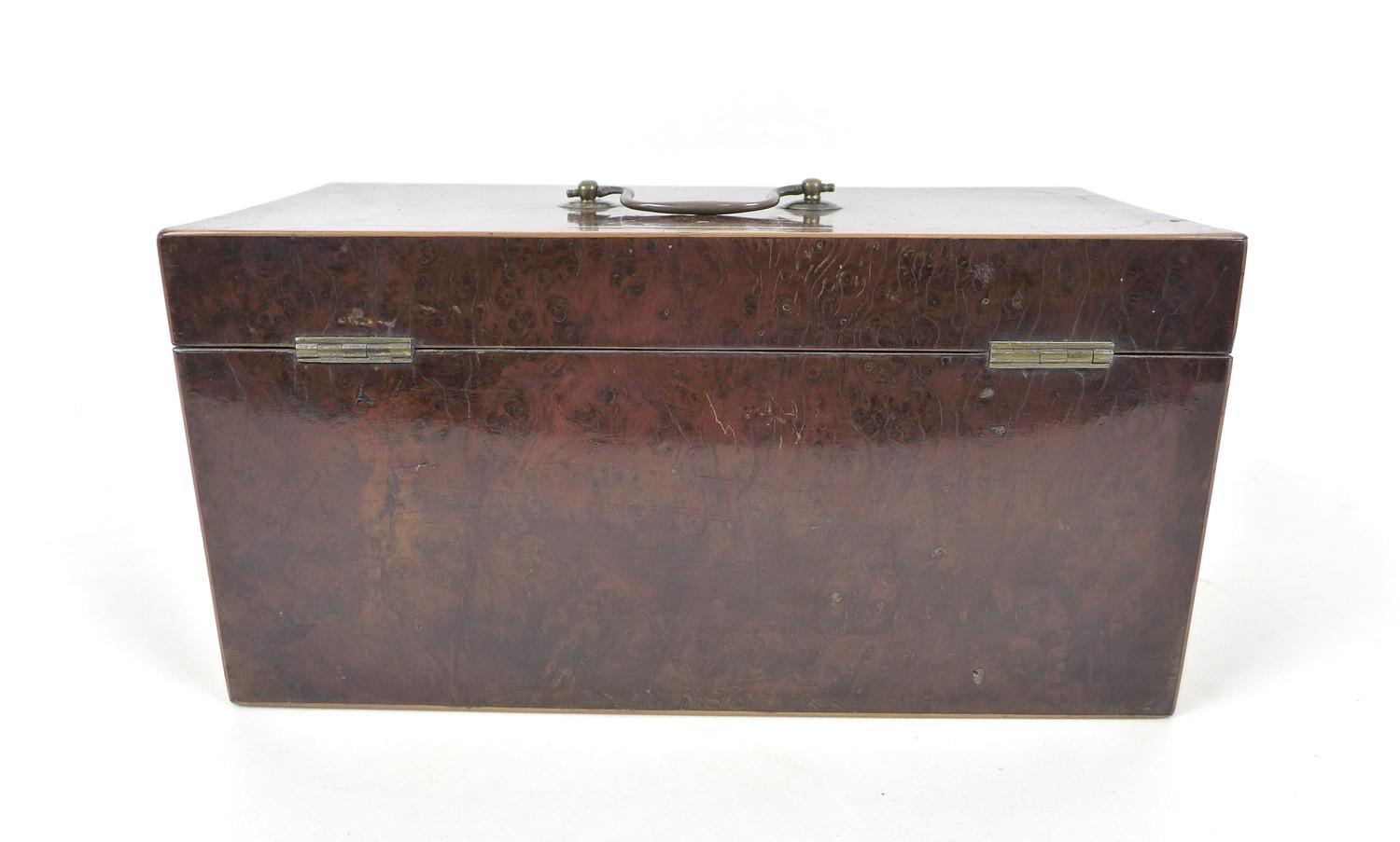 A 19th century burr walnut tea caddy, with boxwood inlays, its interior with attached note '..from - Image 10 of 10