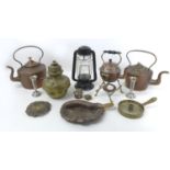 A group of copper and brass items, including an embossed kettle, burner and stand, a crumb brush and