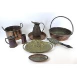 A group of various copper and brass metal wares, including a copper jamming pan, 35cm diameter