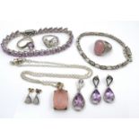 A collection of silver jewellery set with semi precious stones, comprising a set of Rose De France