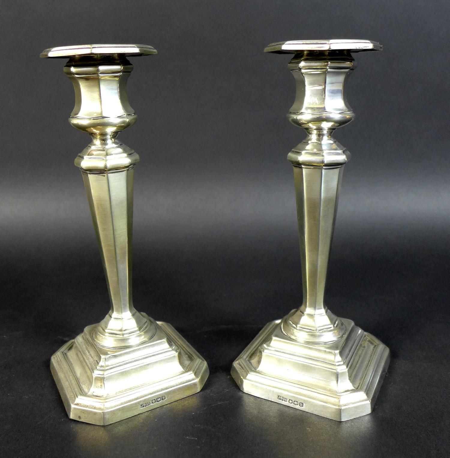 A pair of George V silver candlesticks, of stepped octagonal form, James Dixon, Sheffield 1919, 17cm - Image 2 of 11