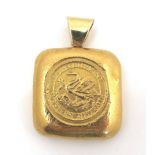 An Australian 1oz 9999 fine yellow gold bullion bar pendant, of square form with loop pendant