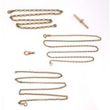 A group of 9ct gold, comprising a small rolo link chain, 50cm, 5.2g, a larger rolo link chain, 40cm,