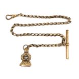 A 9ct gold fob chain, with T bar and seal, clasp attached, 34cm long, the unmarked yellow metal seal