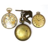 A modern Halcon de Luxe gold plated skeleton pocket watch, keyless wind, with glass front and back