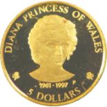 An Elizabeth II gold 5 dollar coin, 1997, 1.2g, mounted within a commemorative Diana Princess of