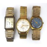 A group of three gold plated gentleman's wristwatches, comprising a MuDu Doublematic, with