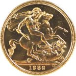 An Elizabeth II gold sovereign, 1982, mounted upon a commemorative Princess Diana 21st Birthday