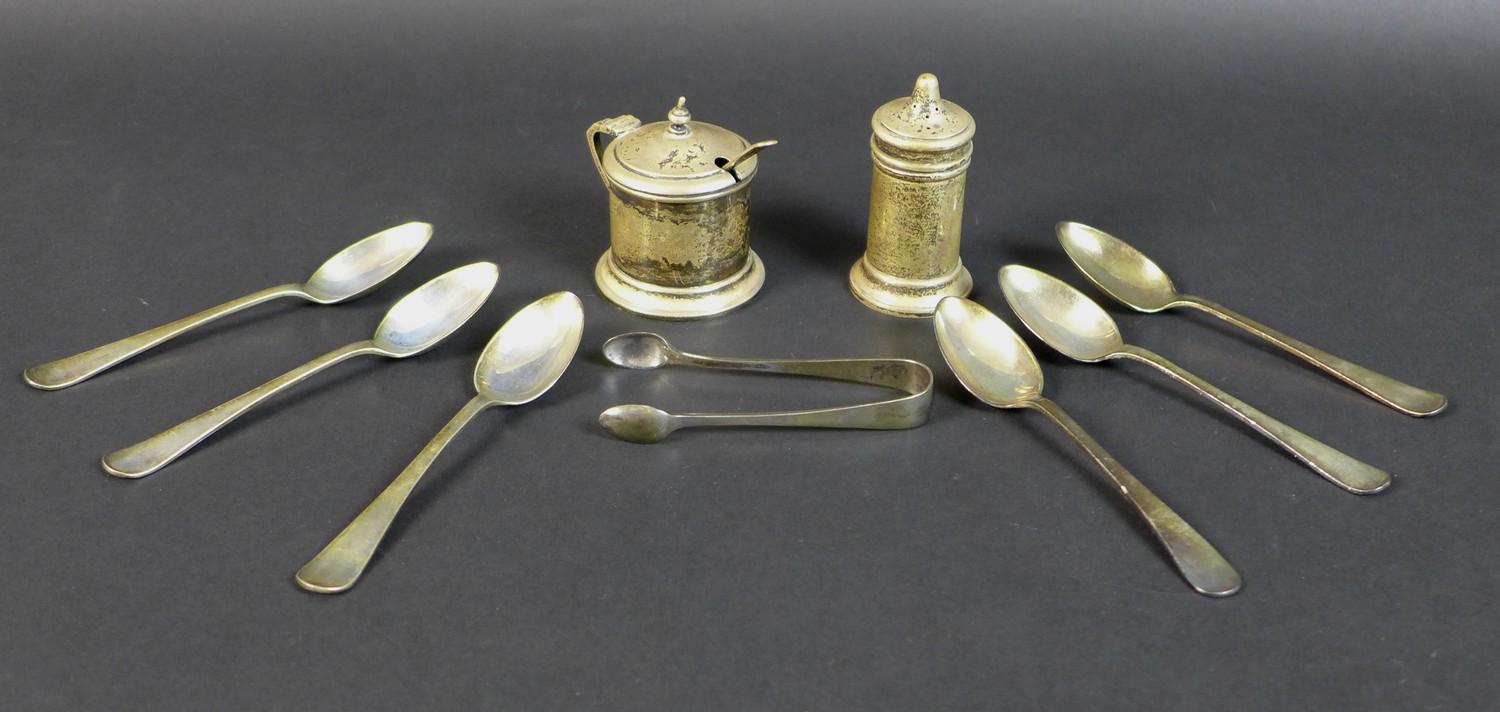 A group of George V silver items, comprising a mustard pot, 6.5 including (handle) by 5.3 by 6cm