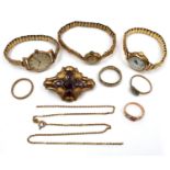 A group of gold watches and jewellery, comprising an Omega 9ct gold cased lady's wristwatch, ref.