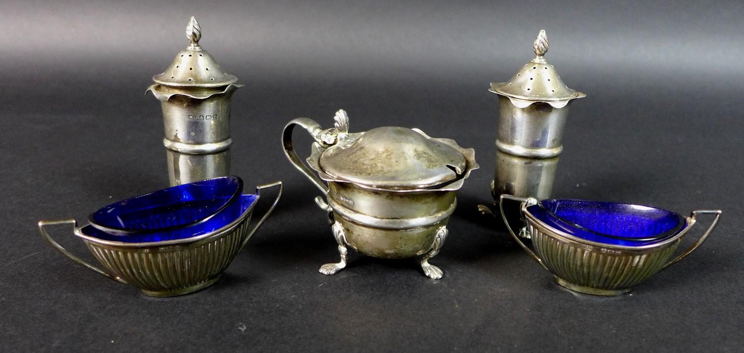 Five pieces of various silver cruet wares, a pair of twin handled salts with gadrooned bases, - Image 5 of 9