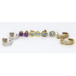 A group of five pairs of gold and earrings, comprising 9ct gold and amethyst studs, 9ct gold and
