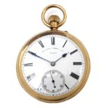 A late Victorian 18ct gold cased open faced pocket watch, keyless wind, by Sir John Bennett Ltd,