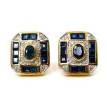 An Art Deco style pair of 9ct gold sapphire and diamond earrings, each earring of octagonal form