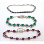 A group of three silver and gem set bracelets, comprising an emerald bracelet, set with thirteen